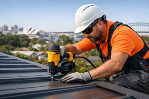 Roofers fitting new tiles on a home during a Roof Replacement Sydney job.