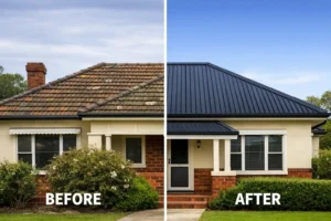 Before and after roof replacement comparison showing an old worn tiled roof transformed into a modern metal roof on a Sydney home – Roof Replacement Cost Sydney visual guide