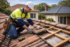 Professional roofer inspecting and repairing a residential roof with safety gear and tools on a suburban home – Roof Replacement Cost Sydney inspection example