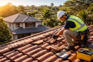 Roofing Specialist Sydney inspecting and repairing damaged tiled roof in residential area