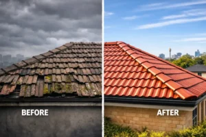Before and after Tile Roof Replacement Sydney showing old cracked moss-covered roof versus new modern tiled roof on a suburban home