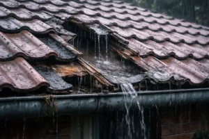 Close-up of damaged roof with cracked tiles and active leaks during rain, highlighting need for Re-Roofing Sydney and urgent roof repair