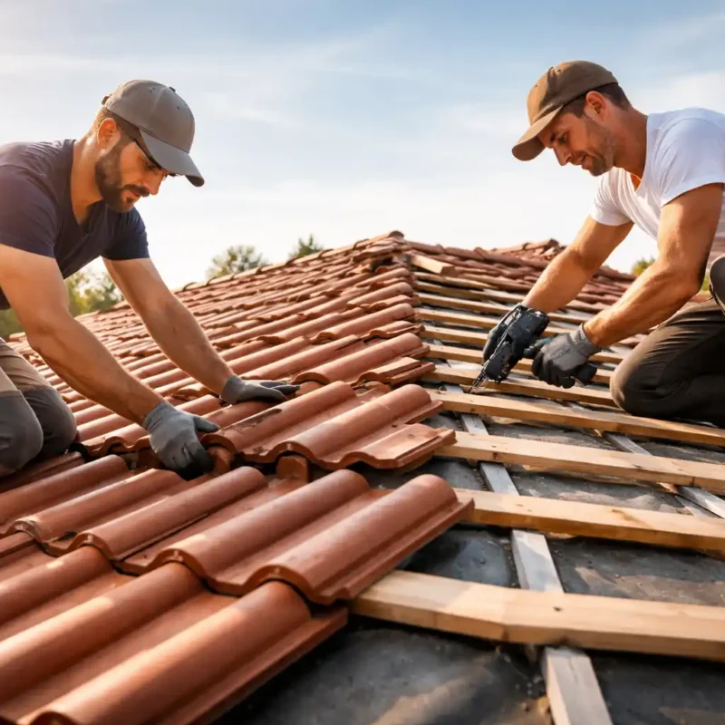 Two professional roofers installing new tiles during a Roof Replacement Sydney project, showing careful workmanship and proactive maintenance
