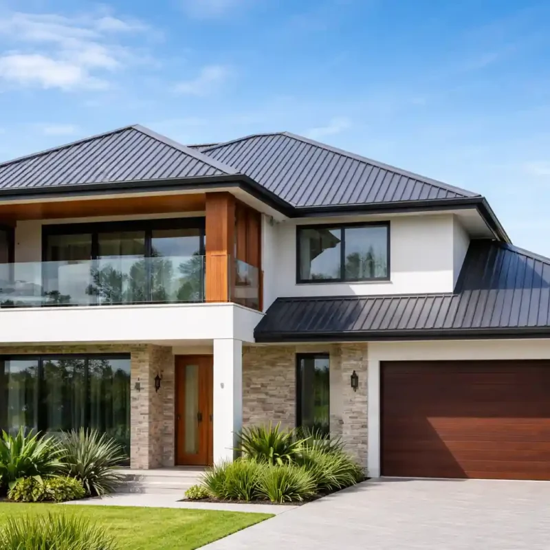Modern Sydney home with newly installed metal roofing under clear sky, showcasing high-quality Re-Roofing Sydney results and clean finish