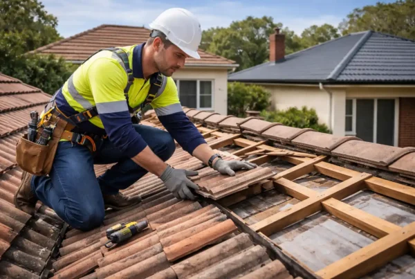 Professional roofer inspecting and repairing a residential roof with safety gear and tools on a suburban home – Roof Replacement Cost Sydney inspection example