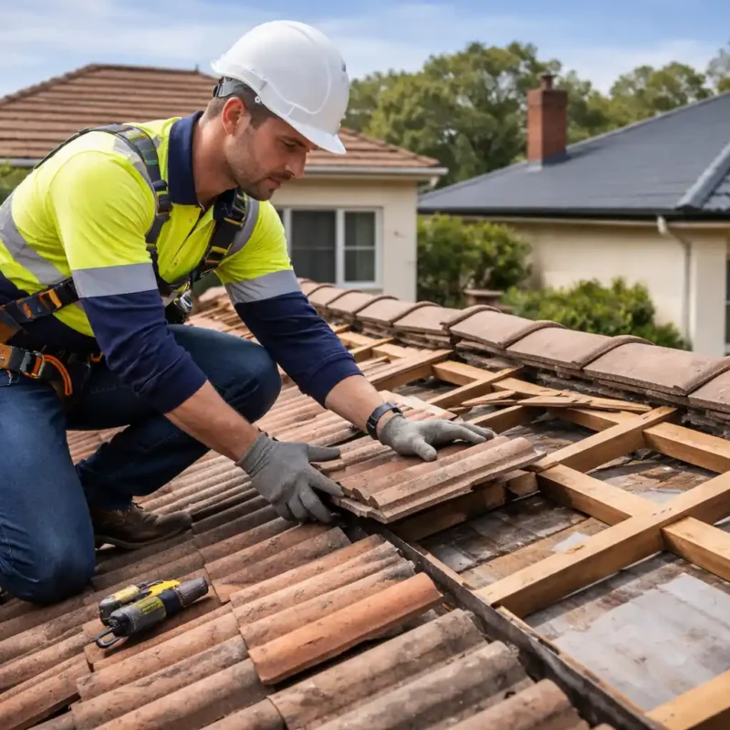 Professional roofer inspecting and repairing a residential roof with safety gear and tools on a suburban home – Roof Replacement Cost Sydney inspection example