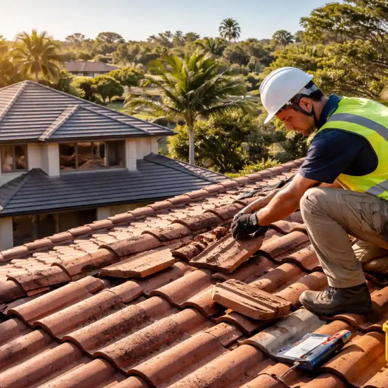 Roofing Specialist Sydney inspecting and repairing damaged tiled roof in residential area