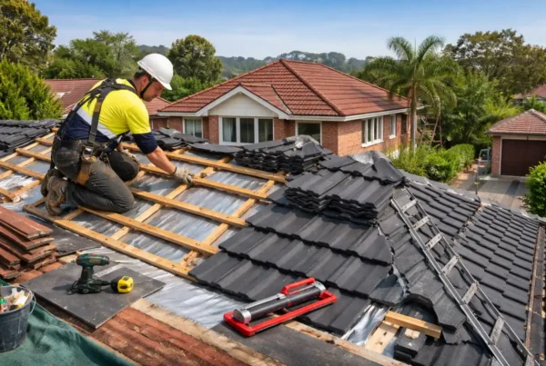Professional roofer performing Tile Roof Replacement Sydney with exposed timber battens and waterproof sarking on a residential property