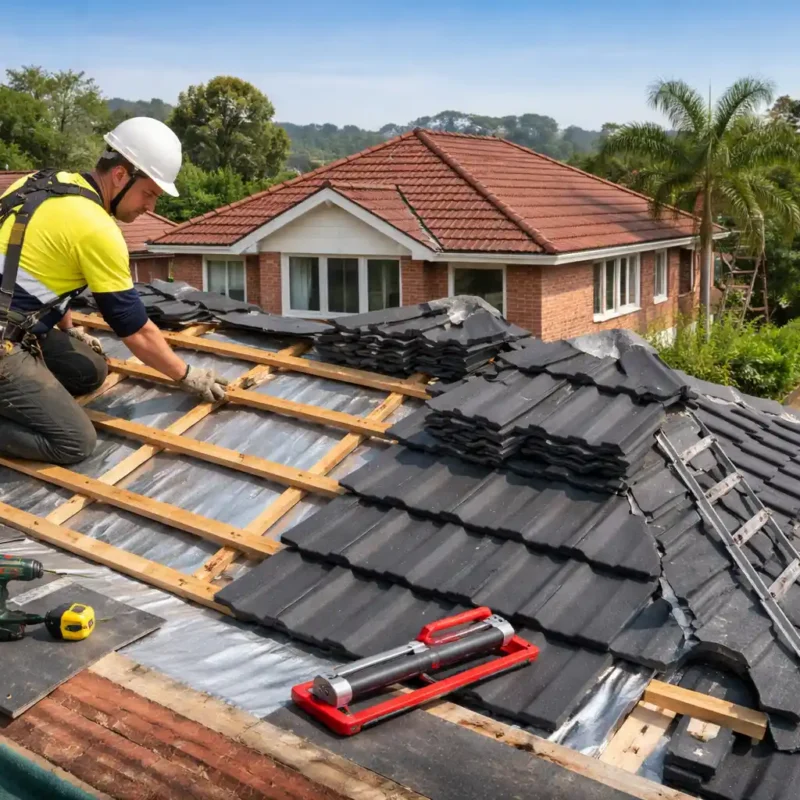 Professional roofer performing Tile Roof Replacement Sydney with exposed timber battens and waterproof sarking on a residential property