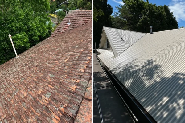 Before and after tile to metal roof replacement in Roseville